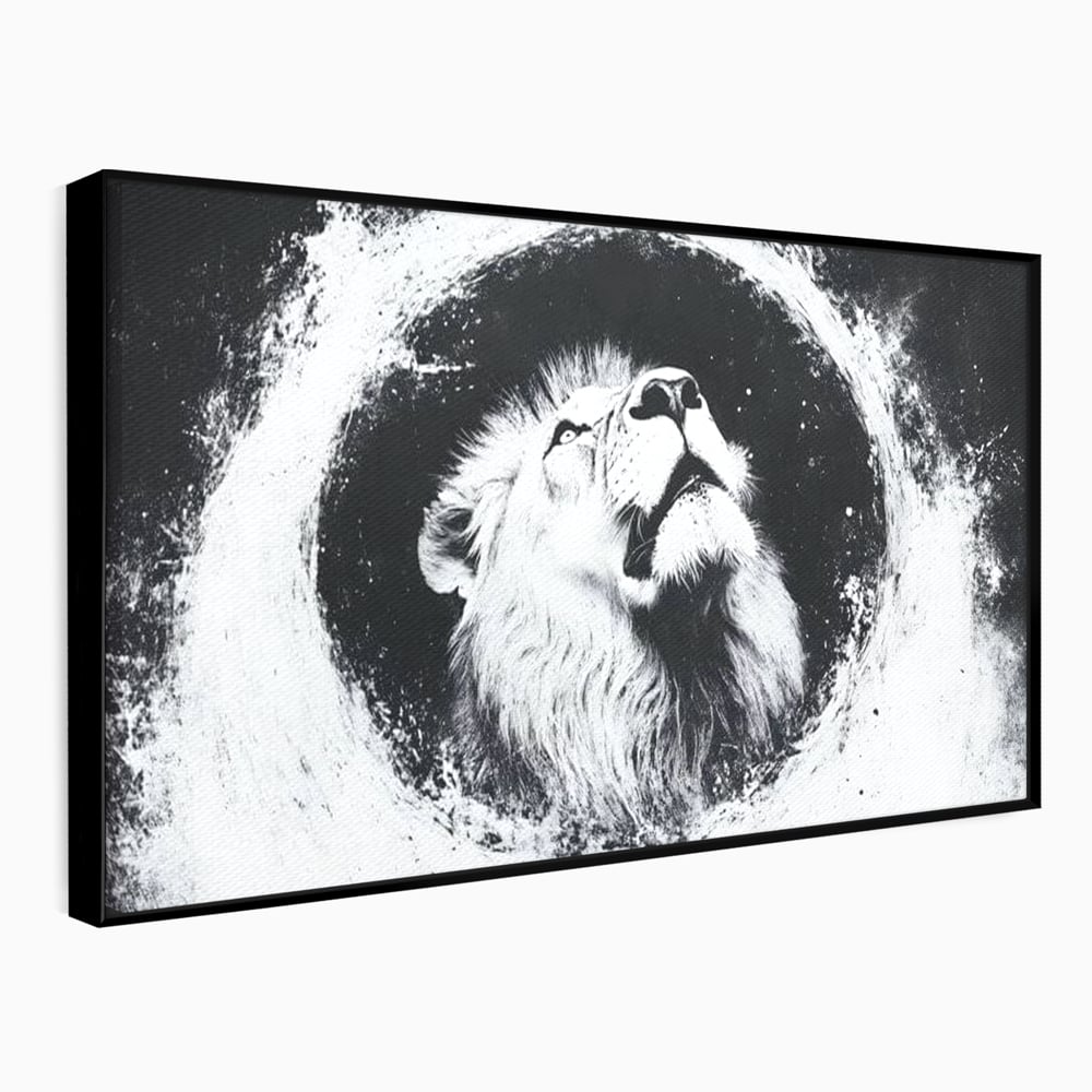 Tablou canvas cu tablou canvas cu leu alb si negru, in rama de aluminiu negru